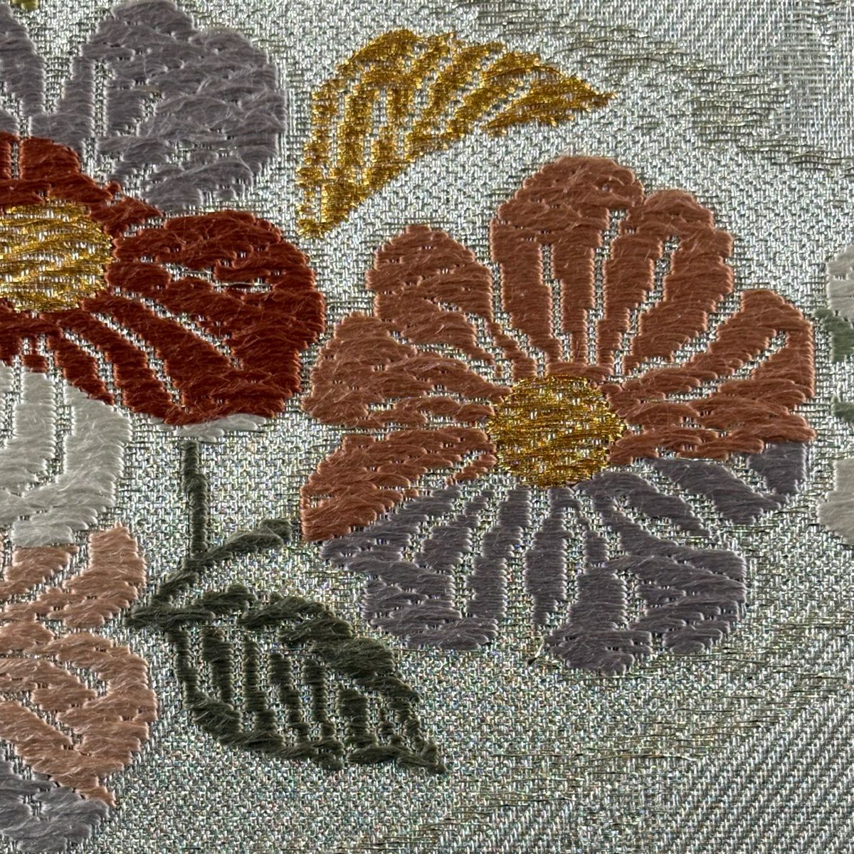 【美品】 袋帶 秀品級 菊花花 櫻花花 唐織 金金箔 灰綠 六通 純蠶絲