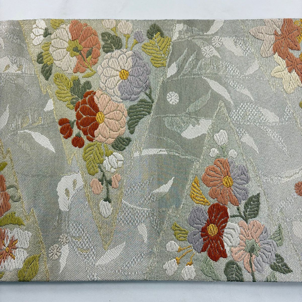 【美品】 袋帶 秀品級 菊花花 櫻花花 唐織 金金箔 灰綠 六通 純蠶絲