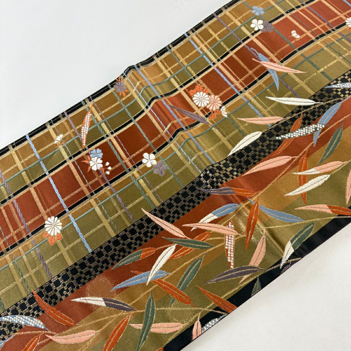 【美品】 袋帶 秀品級 笹 格子 金絲 金金箔 鶯 綠 六通 純蠶絲