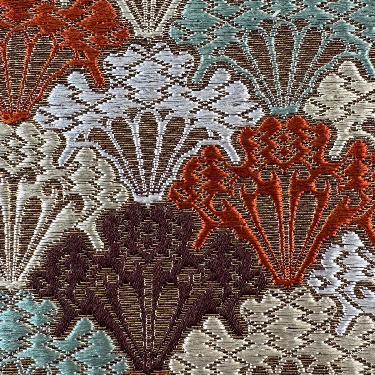 【美品】 開口名古屋帶 秀品級 雪輪青海波 金絲 紅茶 純蠶絲