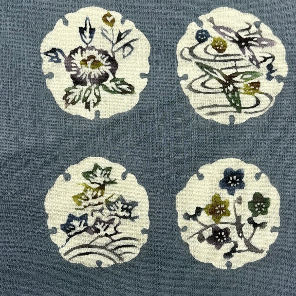 【美品】 名古屋帶 秀品級 雪輪 草花紋 青灰 純蠶絲
