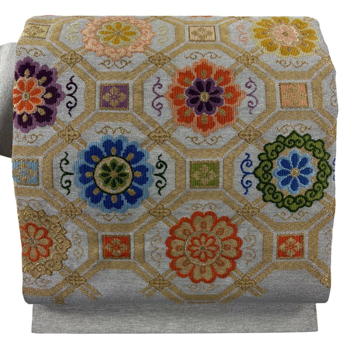【美品】 名古屋帶 秀品級 蜀江華紋 金絲 銀通 灰白 純蠶絲