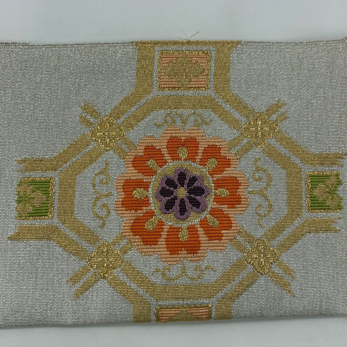 【美品】 名古屋帶 秀品級 蜀江華紋 金絲 銀通 灰白 純蠶絲