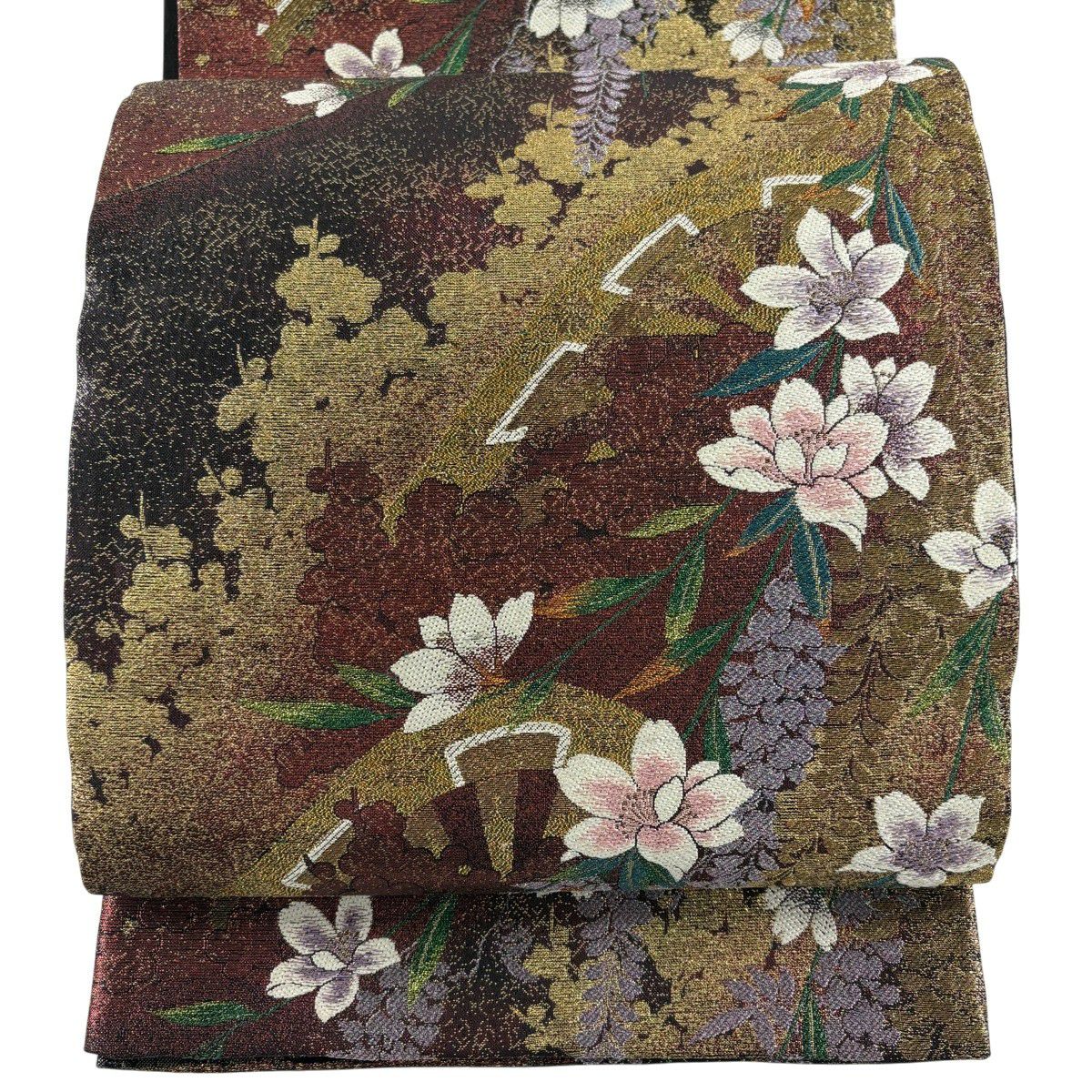【美品】 袋帶 秀品級 樱花 紫藤 金絲 金金箔 紅紫 六通 純蠶絲