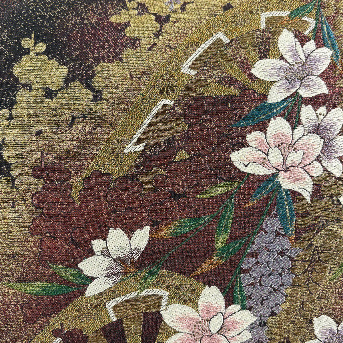 【美品】 袋帶 秀品級 樱花 紫藤 金絲 金金箔 紅紫 六通 純蠶絲