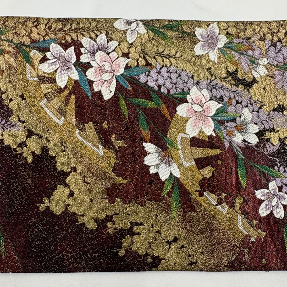 【美品】 袋帶 秀品級 樱花 紫藤 金絲 金金箔 紅紫 六通 純蠶絲