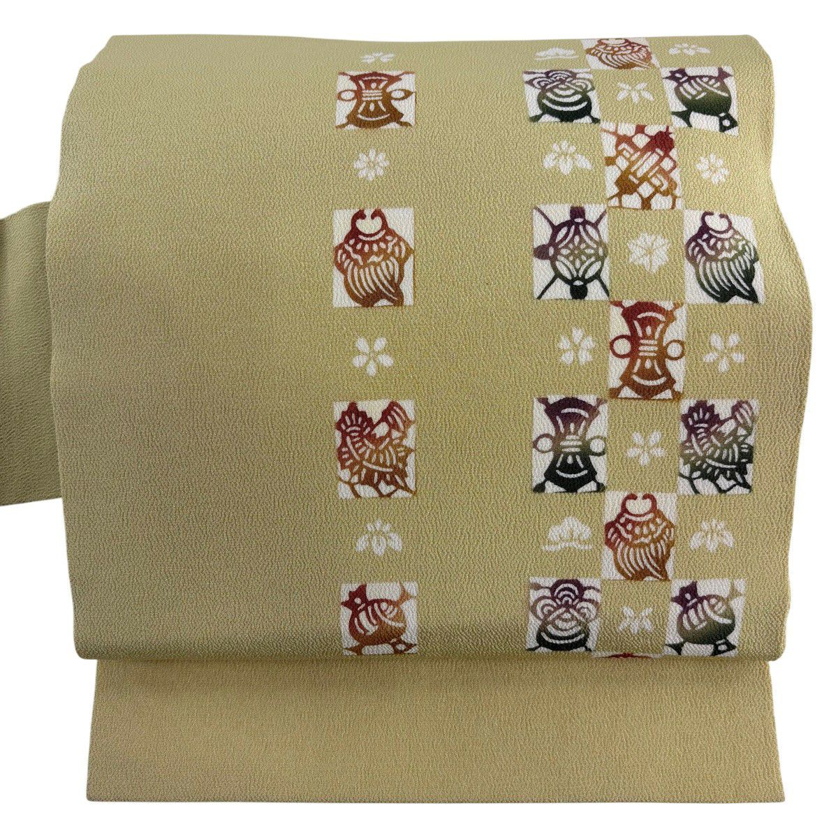 【美品】名古屋帶 秀品級 寶盡くし 市松樹 からし色 純蠶絲
