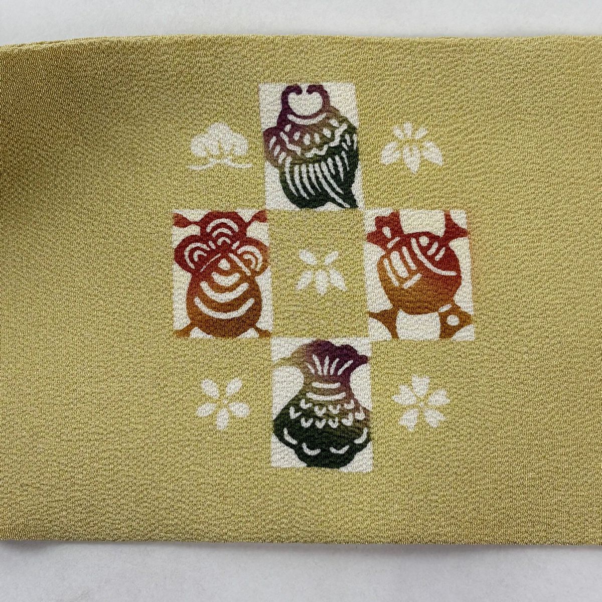 【美品】名古屋帶 秀品級 寶盡くし 市松樹 からし色 純蠶絲