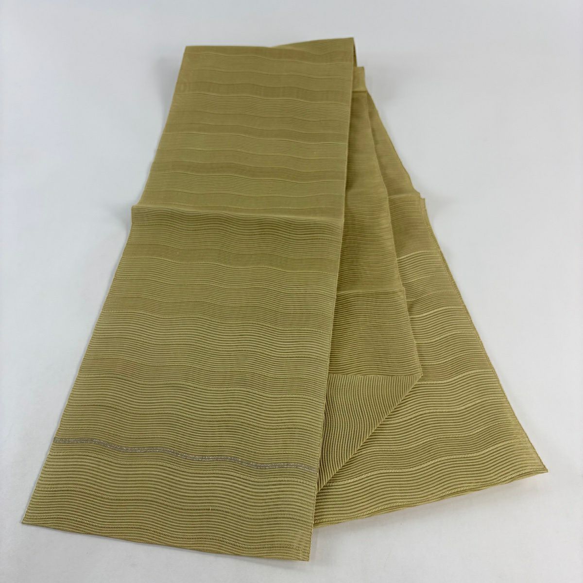 【美品】名古屋帶 優品級 夏帶 八寸名古屋帶 松樹葉仕立 雜紋條紋 芥末色 純蠶絲
