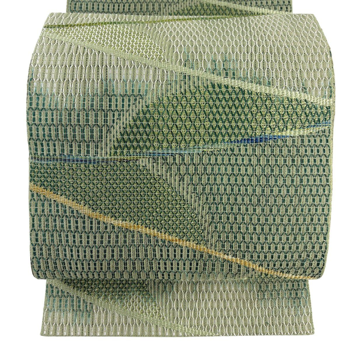 【美品】 名古屋帶 秀品級 夏帶 八寸名古屋帶 松樹葉仕立 雜色幾何學 薄綠 純蠶絲