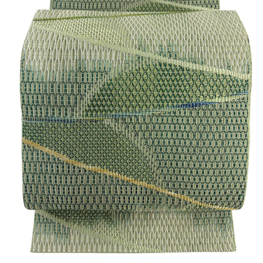【美品】 名古屋帶 秀品級 夏帶 八寸名古屋帶 松樹葉仕立 雜色幾何學 薄綠 純蠶絲