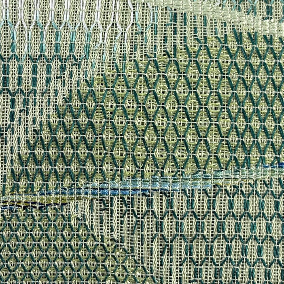 【美品】 名古屋帶 秀品級 夏帶 八寸名古屋帶 松樹葉仕立 雜色幾何學 薄綠 純蠶絲