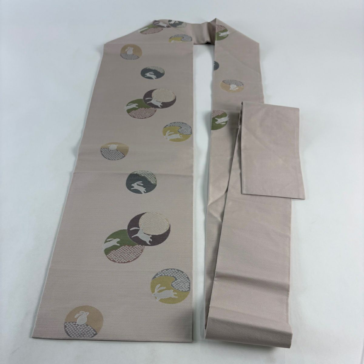 【美品】名古屋帶 優品級 兔子 圓文 灰櫻 純蠶絲