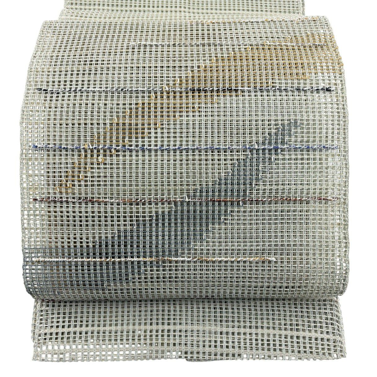 【美品】 名古屋帶 秀品級 八寸名古屋帶 松樹葉仕立 夏帶 幾何學 銀線 灰綠 純蠶絲