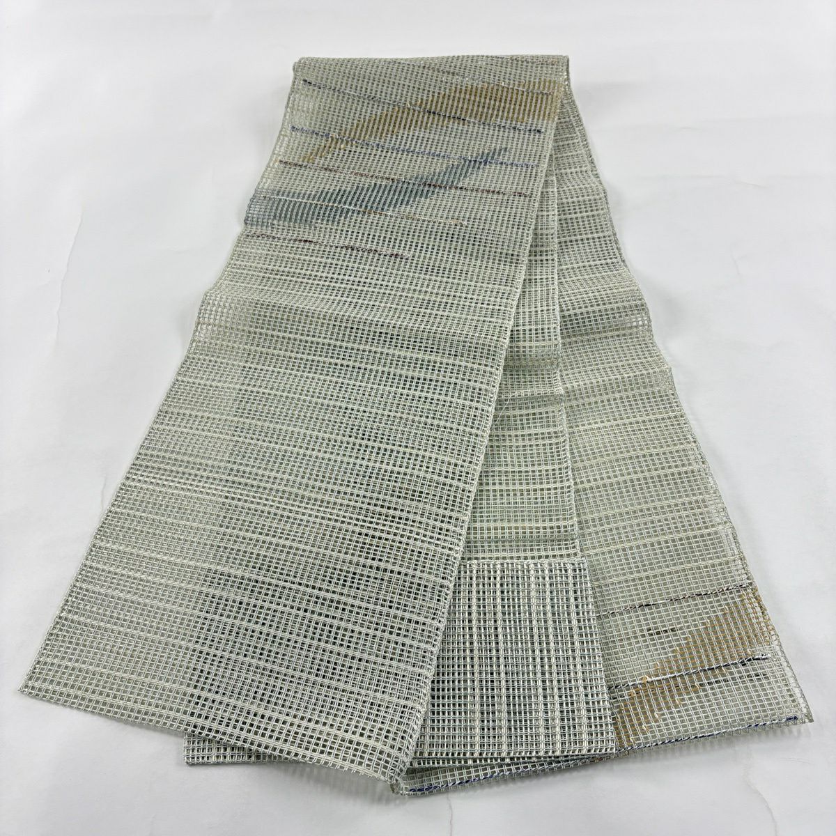 【美品】 名古屋帶 秀品級 八寸名古屋帶 松樹葉仕立 夏帶 幾何學 銀線 灰綠 純蠶絲