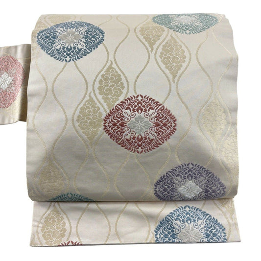 名古屋帶 秀品級 華紋 立涌 刺繡 米色 純蠶絲