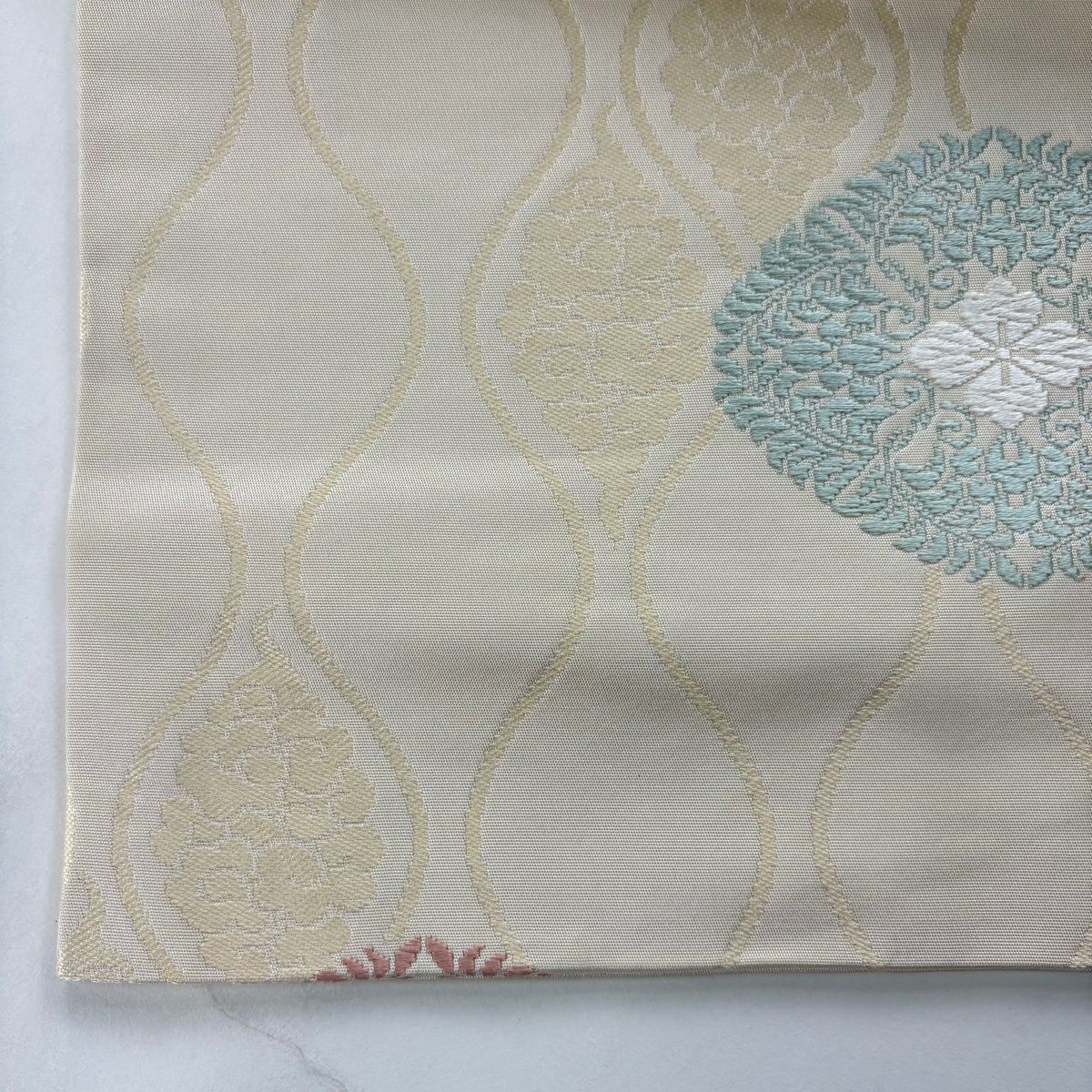 名古屋帶 秀品級 華紋 立涌 刺繡 米色 純蠶絲