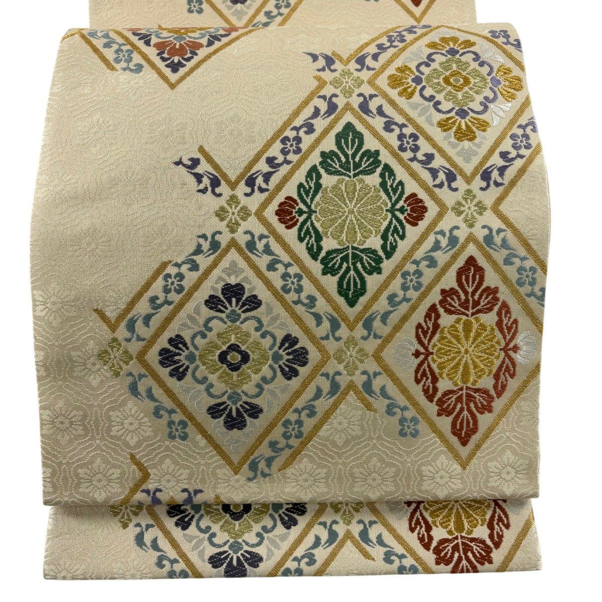 【美品】 袋帶 秀品級 花菱 草花紋 唐織 金絲 米色 六通 純蠶絲