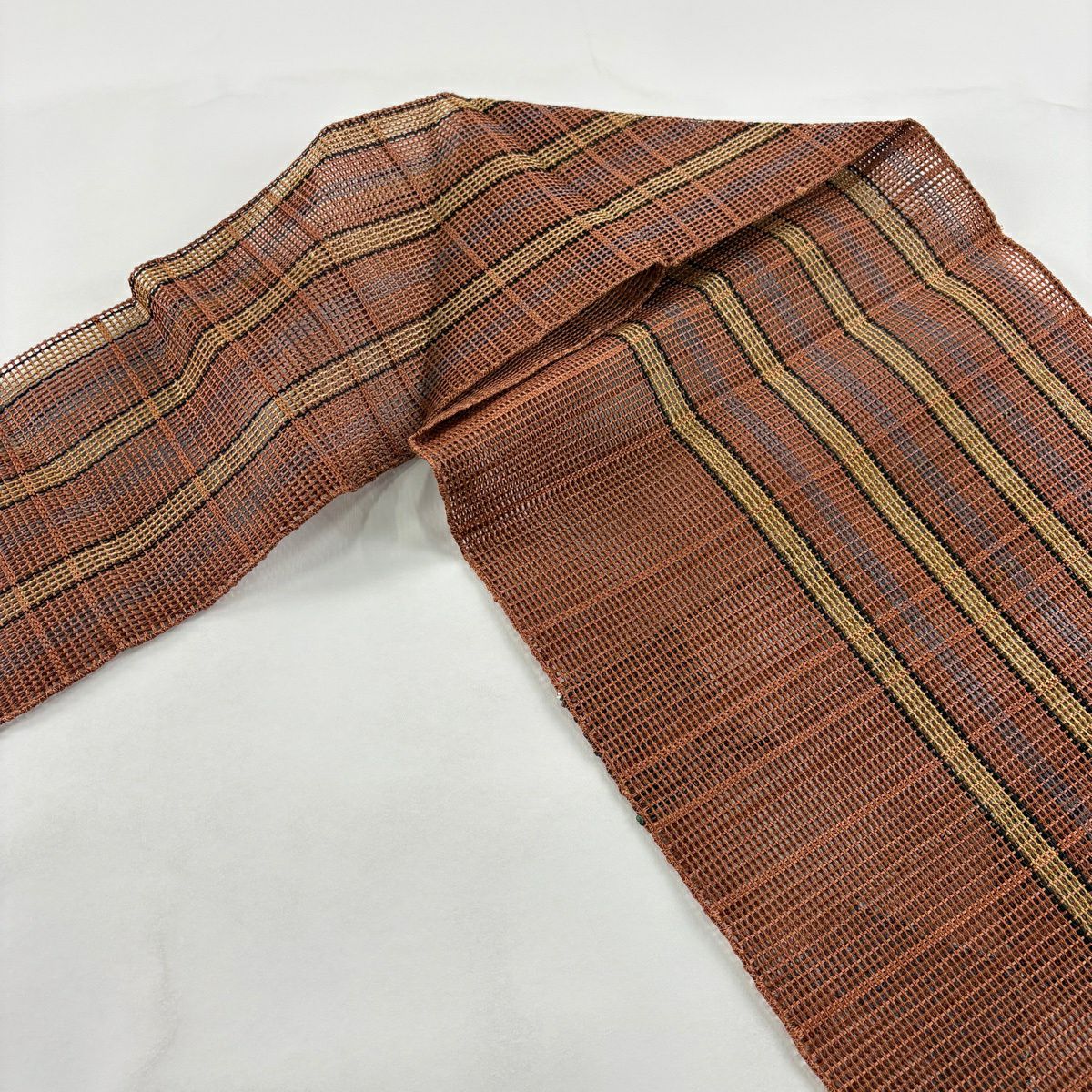 【美品】名古屋帶 秀品級 夏帶 條紋 幾何圖案 茶 純蠶絲