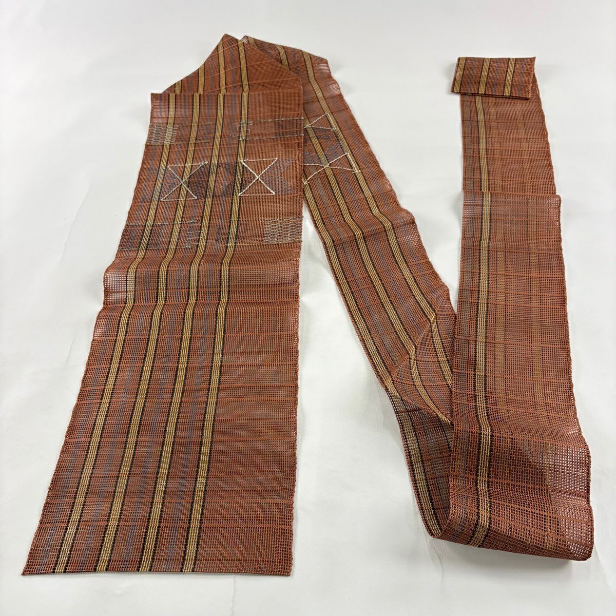 【美品】名古屋帶 秀品級 夏帶 條紋 幾何圖案 茶 純蠶絲