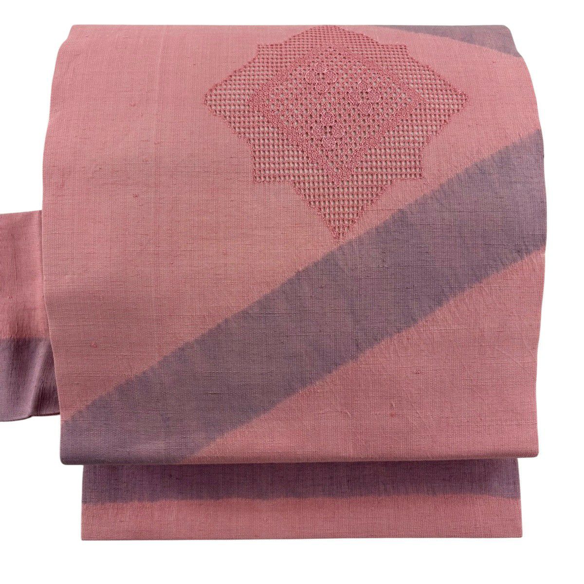 【美品】 名古屋帶 優品級 紬織織 幾何圖案 汕頭刺繡 粉紅 純蠶絲