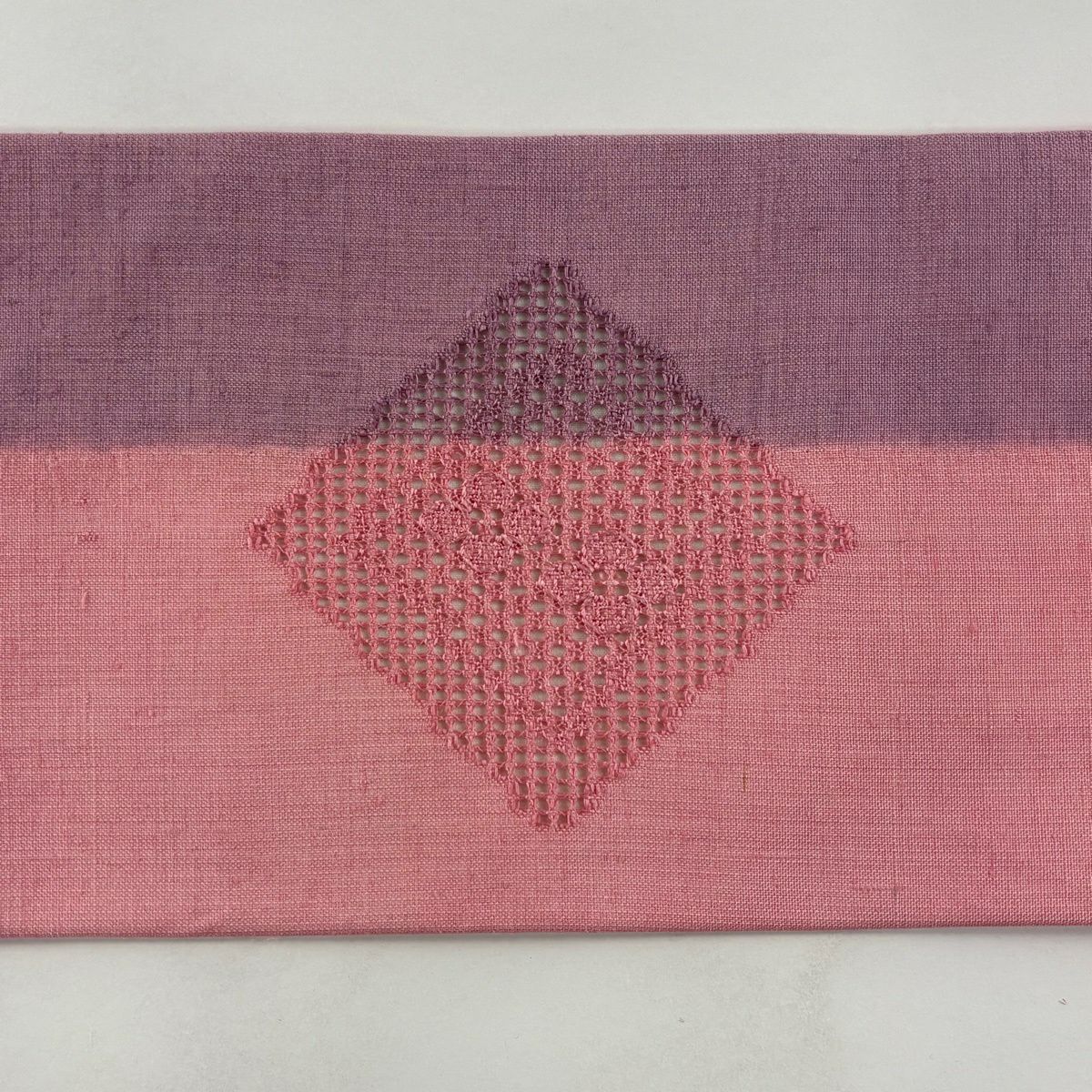 【美品】 名古屋帶 優品級 紬織織 幾何圖案 汕頭刺繡 粉紅 純蠶絲