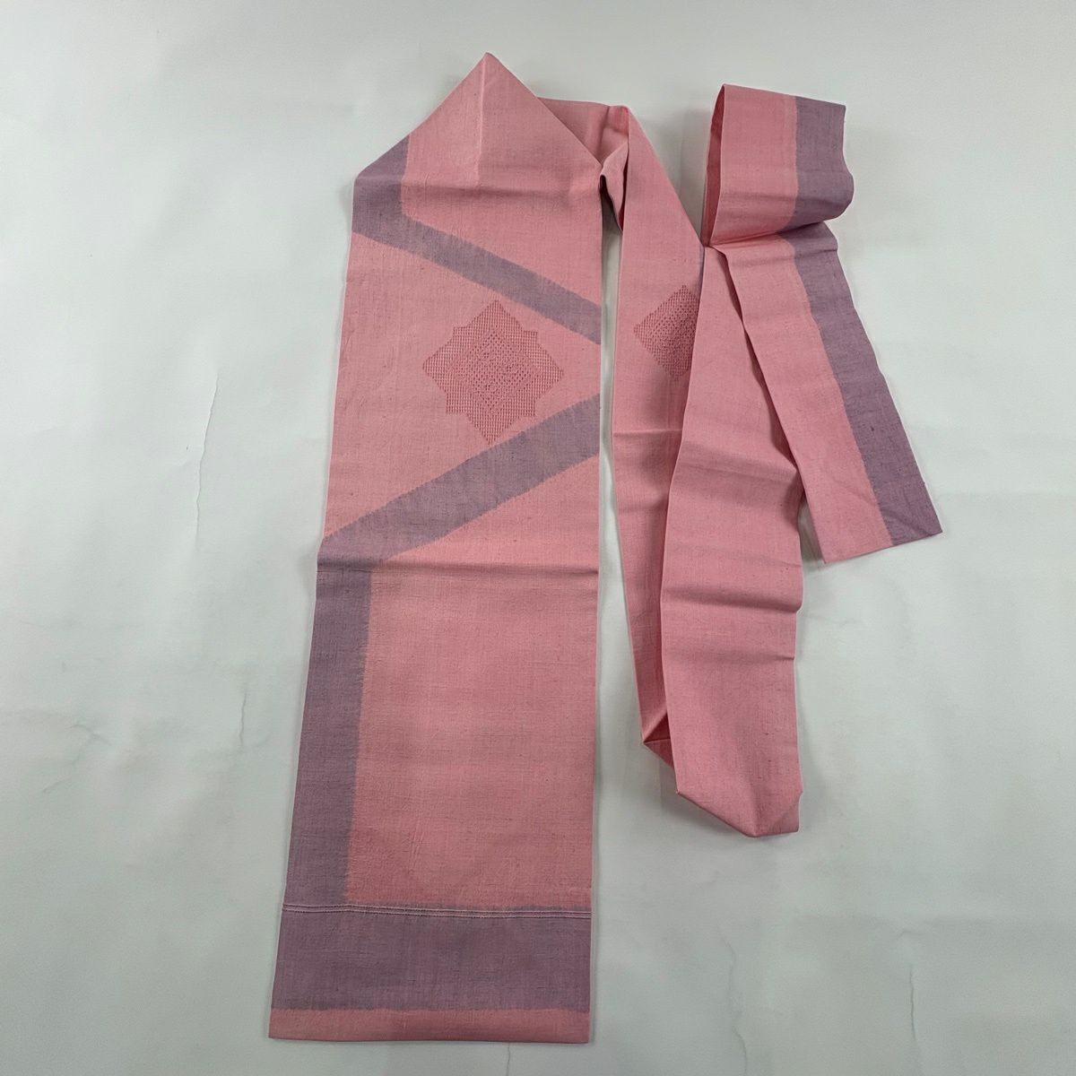 【美品】 名古屋帶 優品級 紬織織 幾何圖案 汕頭刺繡 粉紅 純蠶絲