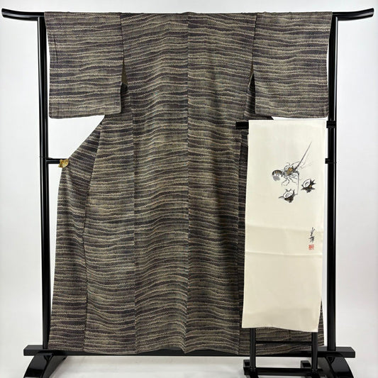 【美品】 小紋 身長158.5cm 袖長64cm M 雙層 名古屋帶套裝 落款あり 波頭 墨色 純蠶絲 秀品級