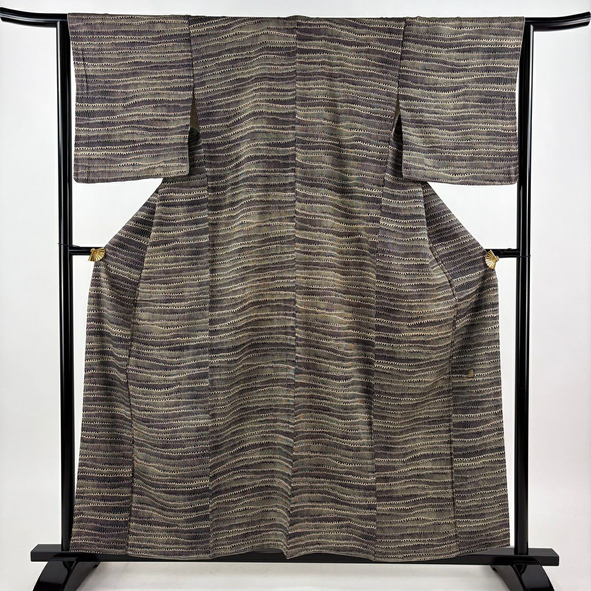 【美品】 小紋 身長158.5cm 袖長64cm M 雙層 名古屋帶套裝 落款あり 波頭 墨色 純蠶絲 秀品級