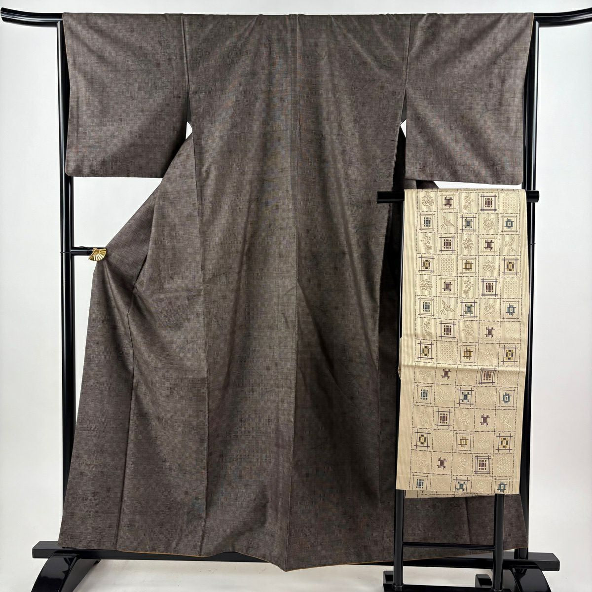 【美品】 紬織 身長160cm 袖長65cm M 雙層 名古屋帶套裝 幾何學圖案 焦茶 純蠶絲 秀品級