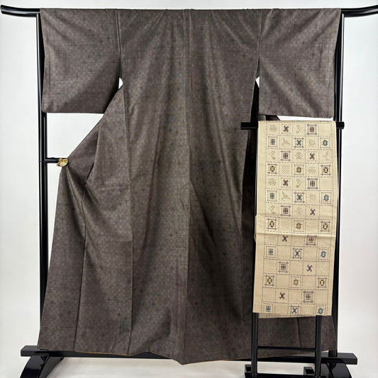 【美品】 紬織 身長160cm 袖長65cm M 雙層 名古屋帶套裝 幾何學圖案 焦茶 純蠶絲 秀品級