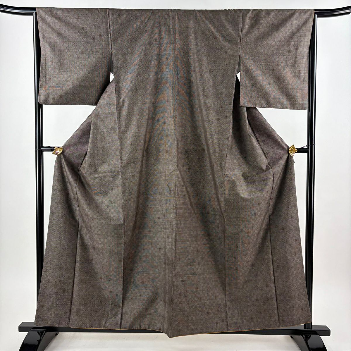 【美品】 紬織 身長160cm 袖長65cm M 雙層 名古屋帶套裝 幾何學圖案 焦茶 純蠶絲 秀品級