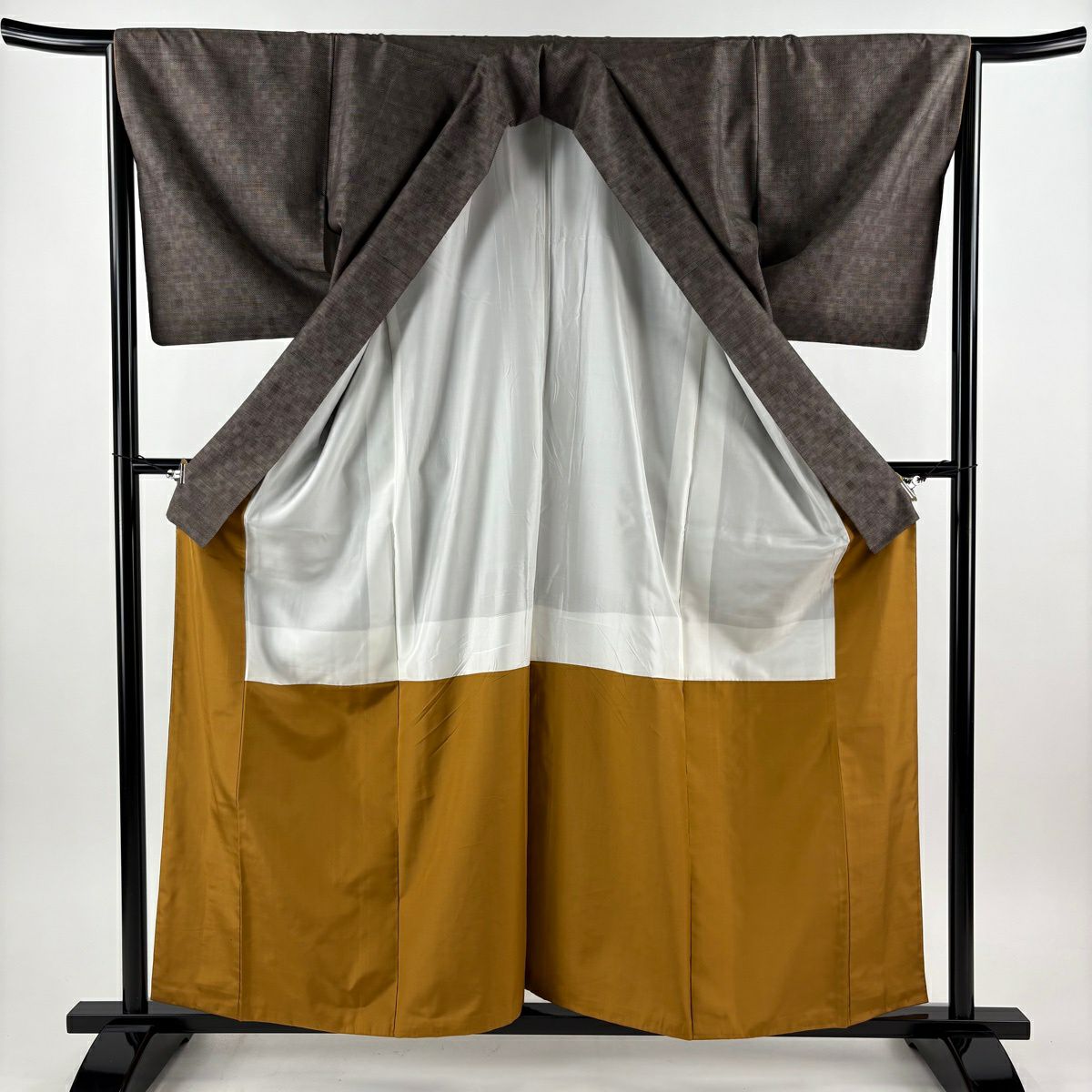 【美品】 紬織 身長160cm 袖長65cm M 雙層 名古屋帶套裝 幾何學圖案 焦茶 純蠶絲 秀品級