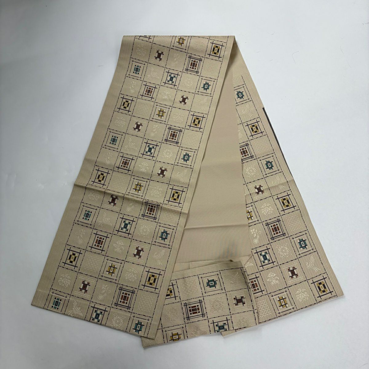 【美品】 紬織 身長160cm 袖長65cm M 雙層 名古屋帶套裝 幾何學圖案 焦茶 純蠶絲 秀品級