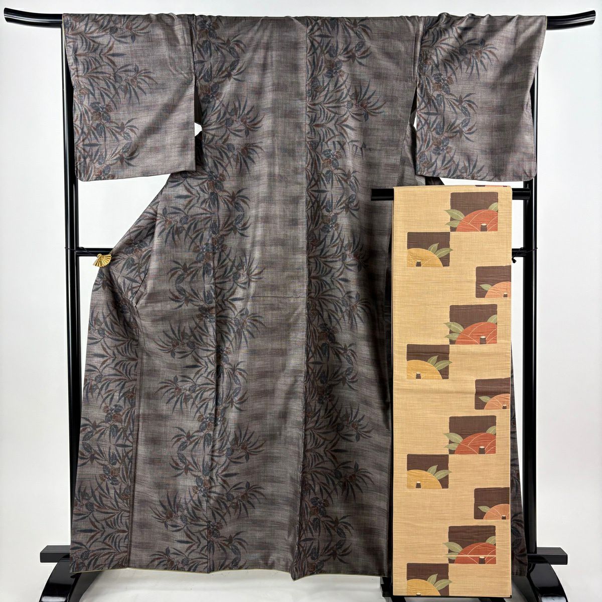 【美品】 紬織 身長164cm 袖長68.5cm L 雙層 袋帶套裝 草花紋 灰茶 純蠶絲 秀品級