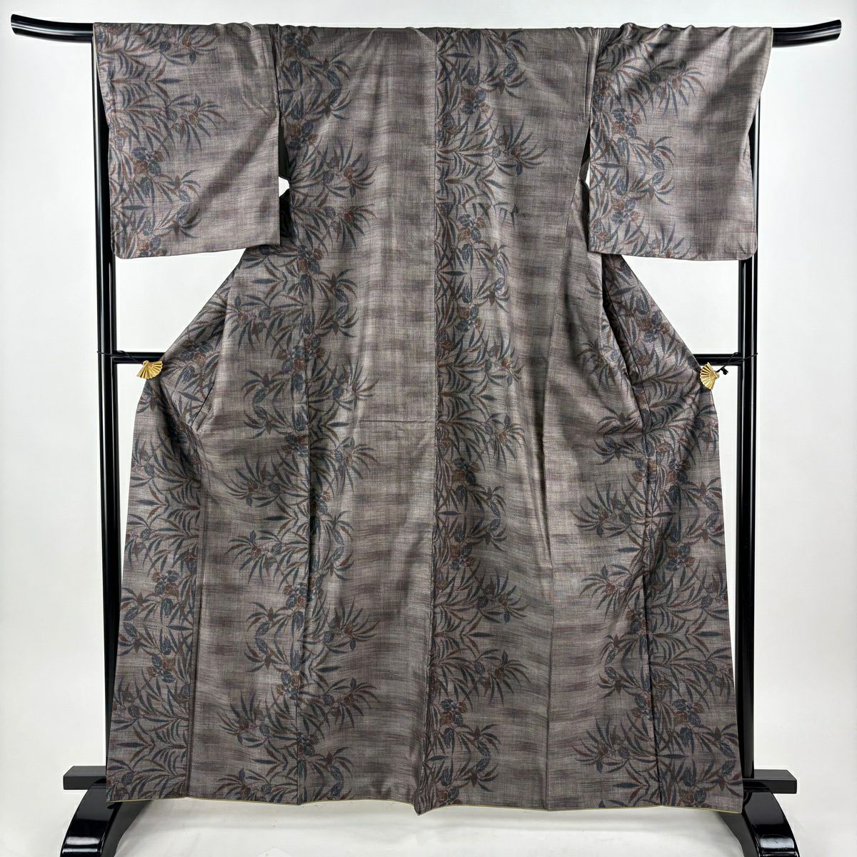 【美品】 紬織 身長164cm 袖長68.5cm L 雙層 袋帶套裝 草花紋 灰茶 純蠶絲 秀品級