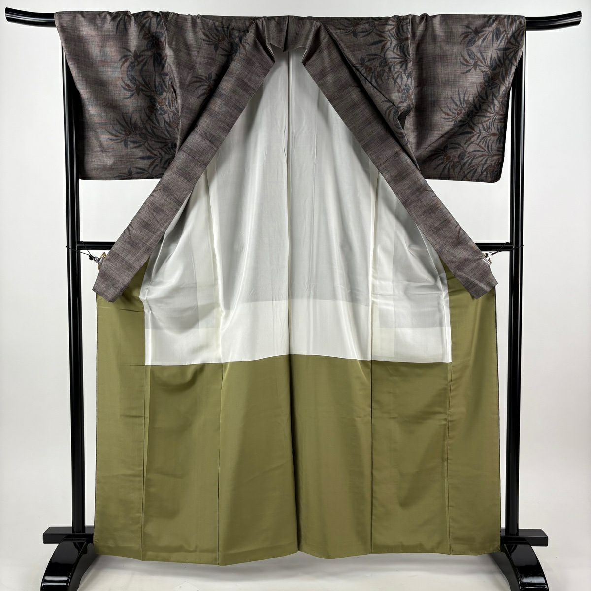 【美品】 紬織 身長164cm 袖長68.5cm L 雙層 袋帶套裝 草花紋 灰茶 純蠶絲 秀品級