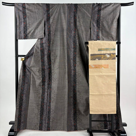 【美品】 紬織 身長169.5cm 袖長67cm M 雙層 名古屋帶套裝 草花紋紋 龜甲 黑灰 純蠶絲 優品級