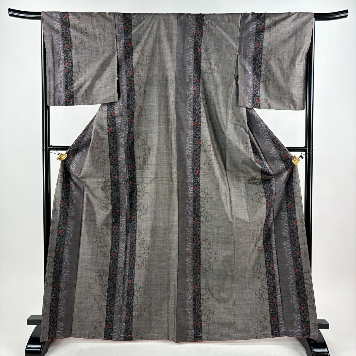 【美品】 紬織 身長169.5cm 袖長67cm M 雙層 名古屋帶套裝 草花紋紋 龜甲 黑灰 純蠶絲 優品級