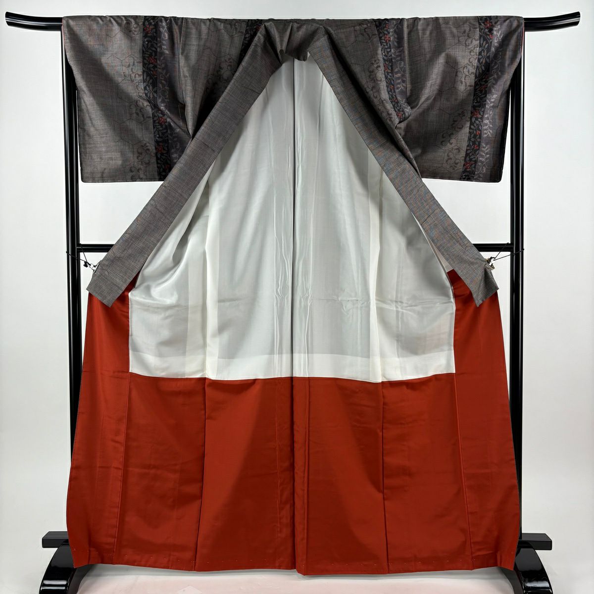 【美品】 紬織 身長169.5cm 袖長67cm M 雙層 名古屋帶套裝 草花紋紋 龜甲 黑灰 純蠶絲 優品級