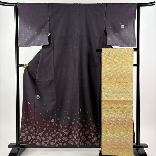 付下 身長158.5cm 袖長64cm M 雙層 袋帶套裝 落款 雪輪 花唐草紋 金絲 金銀彩 深紫 純蠶絲 名品級