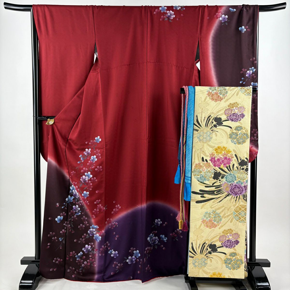 【美品】振袖禮服 身長169.5cm 袖長67.5cm L 雙層 袋帶全套 樱花 地紋 染分 漸層 深紅色 純蠶絲 優品級