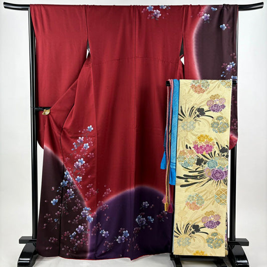 【美品】振袖禮服 身長169.5cm 袖長67.5cm L 雙層 袋帶全套 樱花 地紋 染分 漸層 深紅色 純蠶絲 優品級