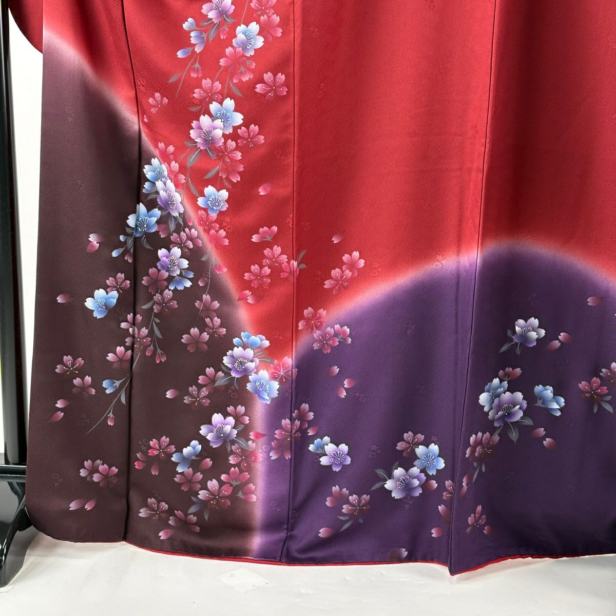 【美品】振袖禮服 身長169.5cm 袖長67.5cm L 雙層 袋帶全套 樱花 地紋 染分 漸層 深紅色 純蠶絲 優品級