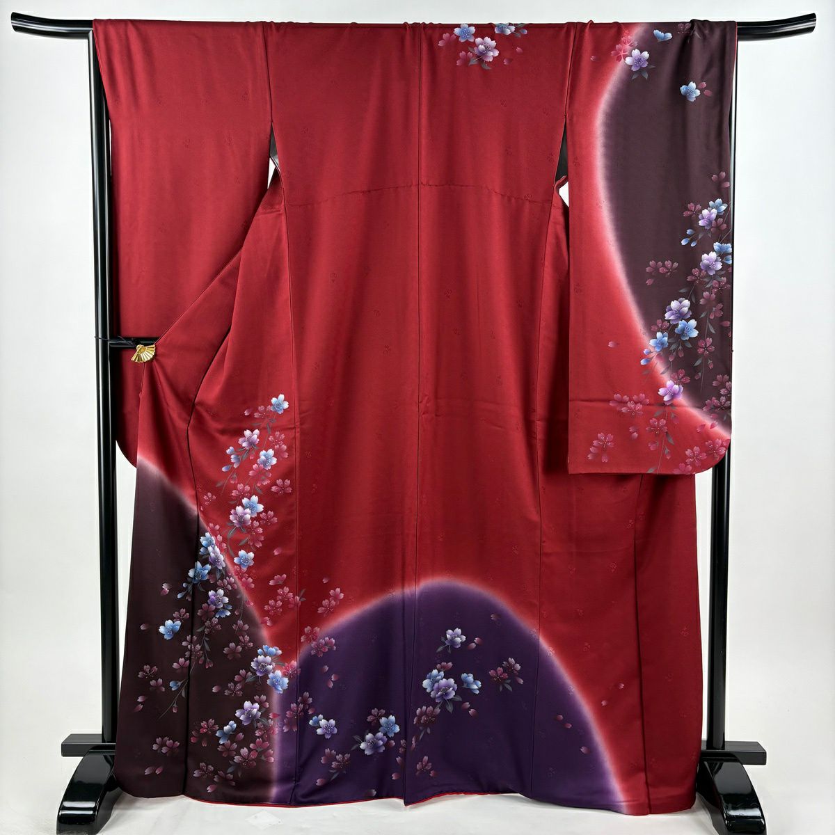 【美品】振袖禮服 身長169.5cm 袖長67.5cm L 雙層 袋帶全套 樱花 地紋 染分 漸層 深紅色 純蠶絲 優品級