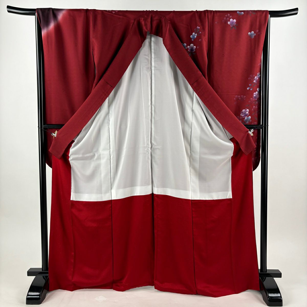【美品】振袖禮服 身長169.5cm 袖長67.5cm L 雙層 袋帶全套 樱花 地紋 染分 漸層 深紅色 純蠶絲 優品級