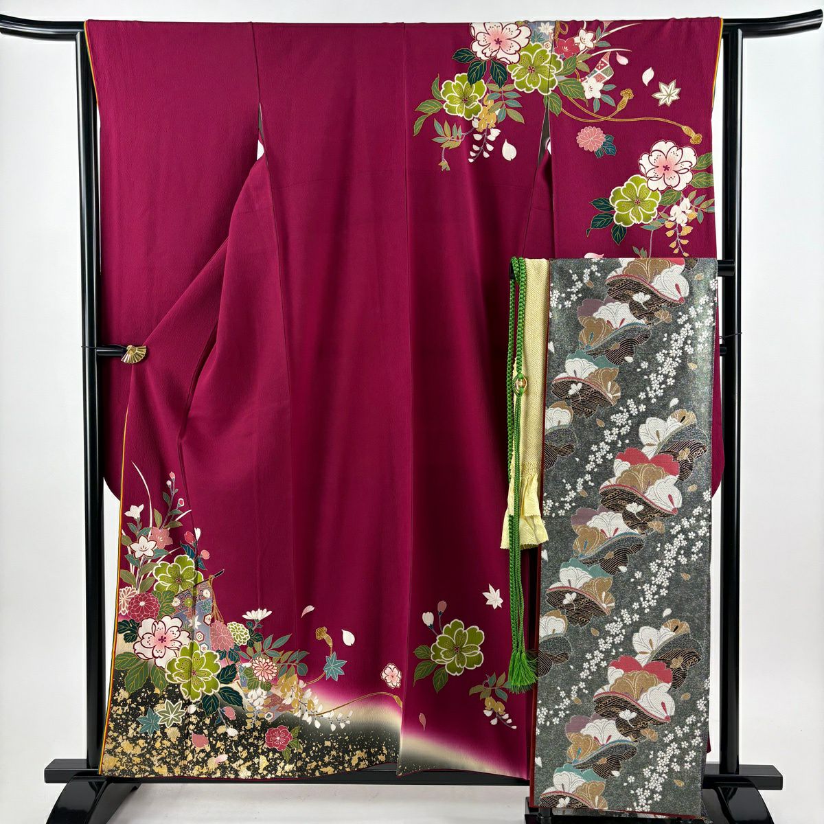 【美品】振袖禮服 身長157.5cm 袖長63cm S 雙層 袋帶全套 幾帳 草花紋紋 金銀彩 紅紫 純蠶絲 秀品級