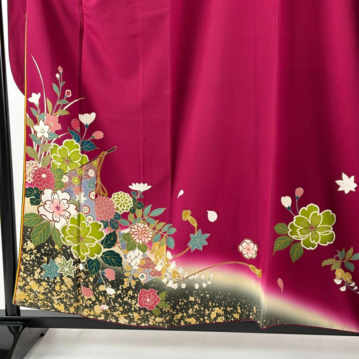 【美品】振袖禮服 身長157.5cm 袖長63cm S 雙層 袋帶全套 幾帳 草花紋紋 金銀彩 紅紫 純蠶絲 秀品級