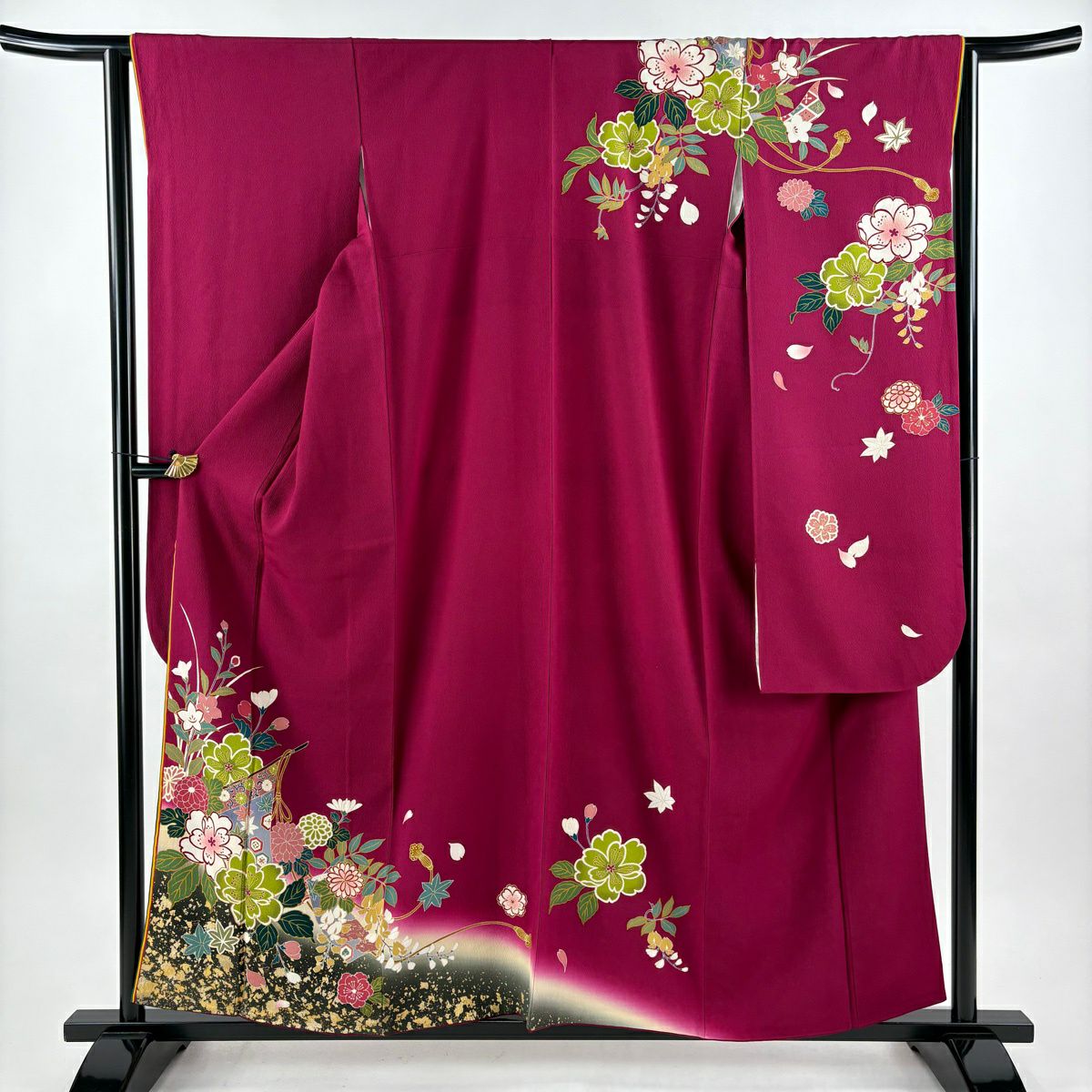 【美品】振袖禮服 身長157.5cm 袖長63cm S 雙層 袋帶全套 幾帳 草花紋紋 金銀彩 紅紫 純蠶絲 秀品級