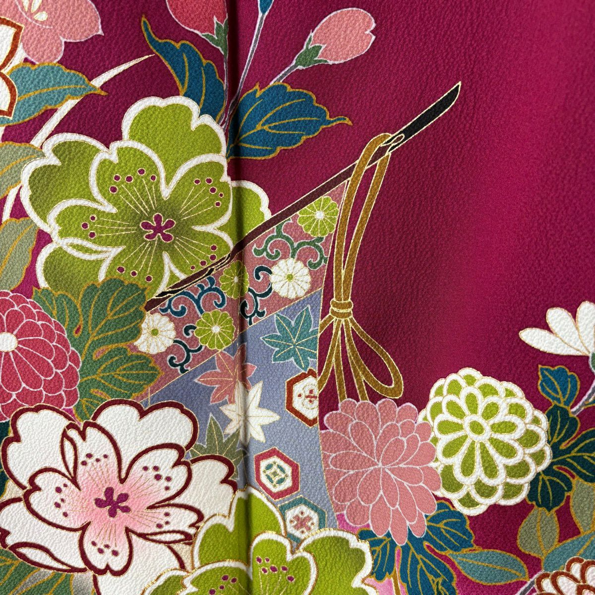 【美品】振袖禮服 身長157.5cm 袖長63cm S 雙層 袋帶全套 幾帳 草花紋紋 金銀彩 紅紫 純蠶絲 秀品級
